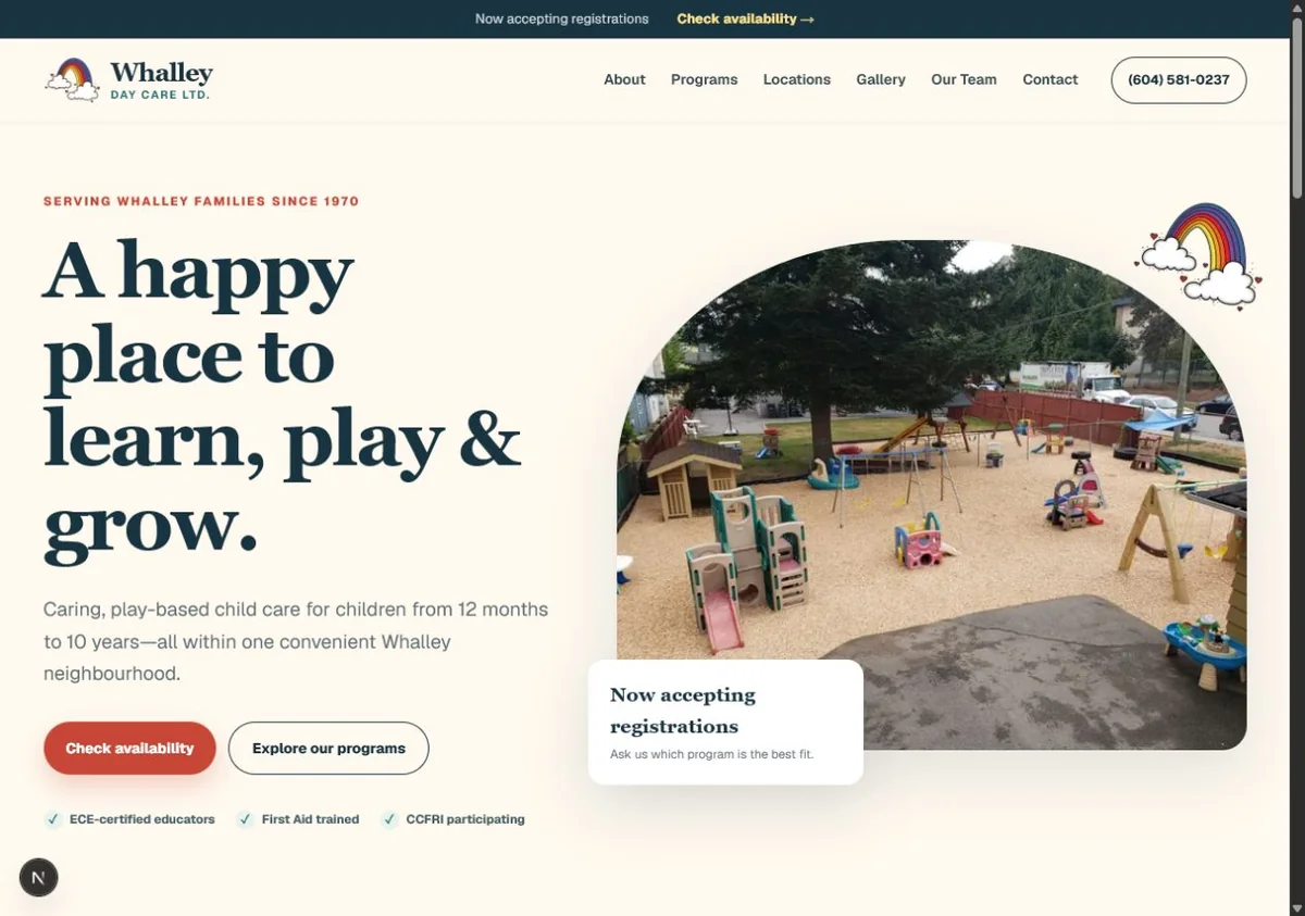 Whalley Daycare homepage showing program and registration information