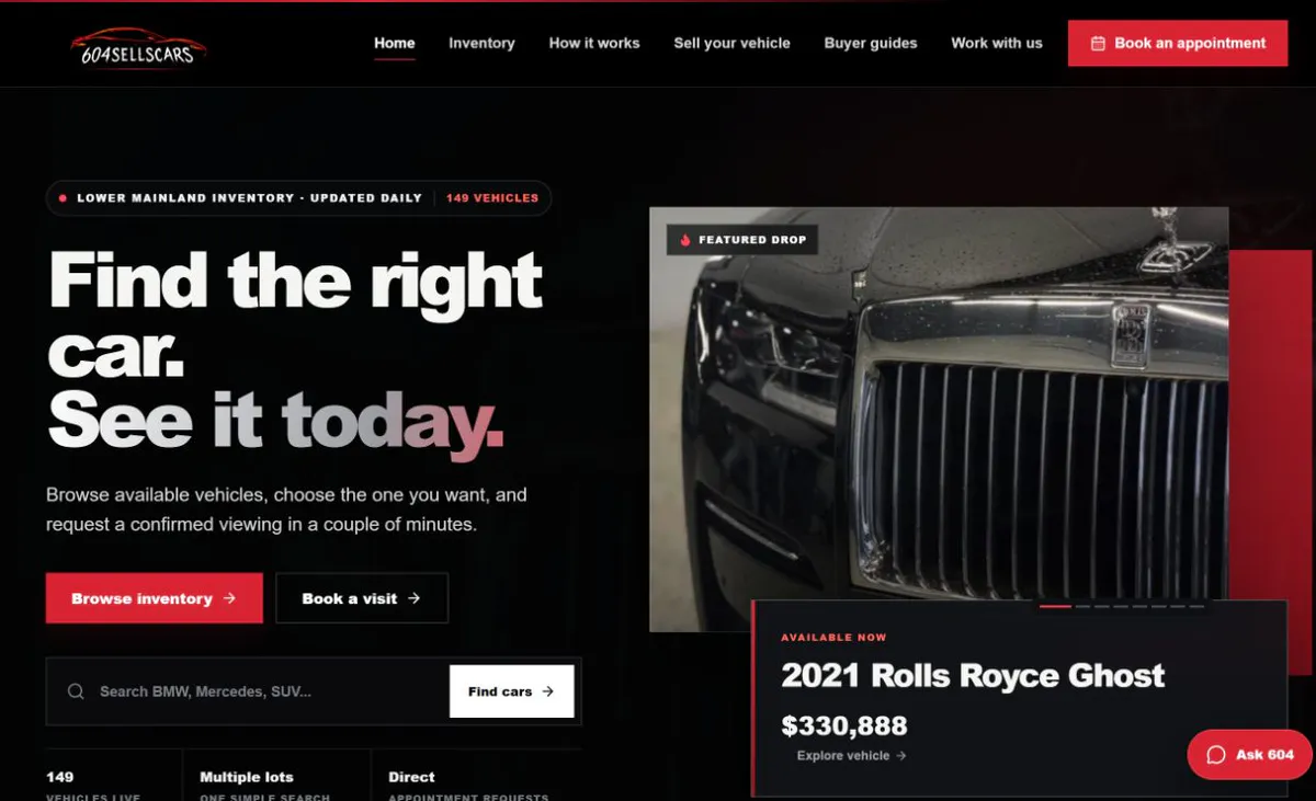 Public 604 Sell Cars marketplace homepage showing inventory search and a featured vehicle