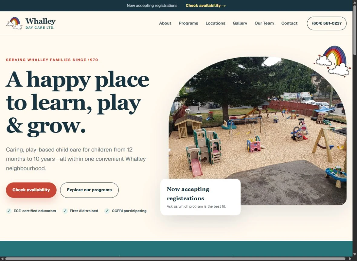 Whalley Daycare home page with a playground photo, program link and availability button
